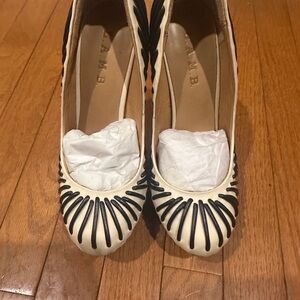 L.A.M.B. Cream and Black Heels with Striking Design